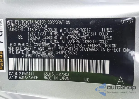 2007 Toyota Fj Cruiser from USA, damaged, VIN JTEBU11F670069061